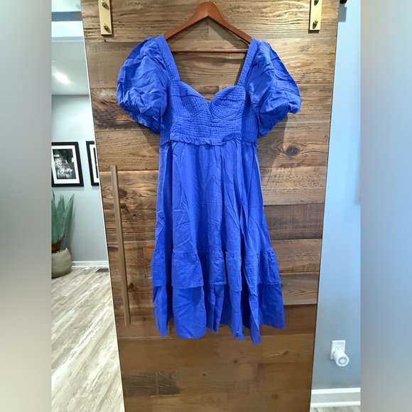 FARM Rio Blue Ruffled Tiered Midi Dress with Puff Sleeves - Picture 9 of 10